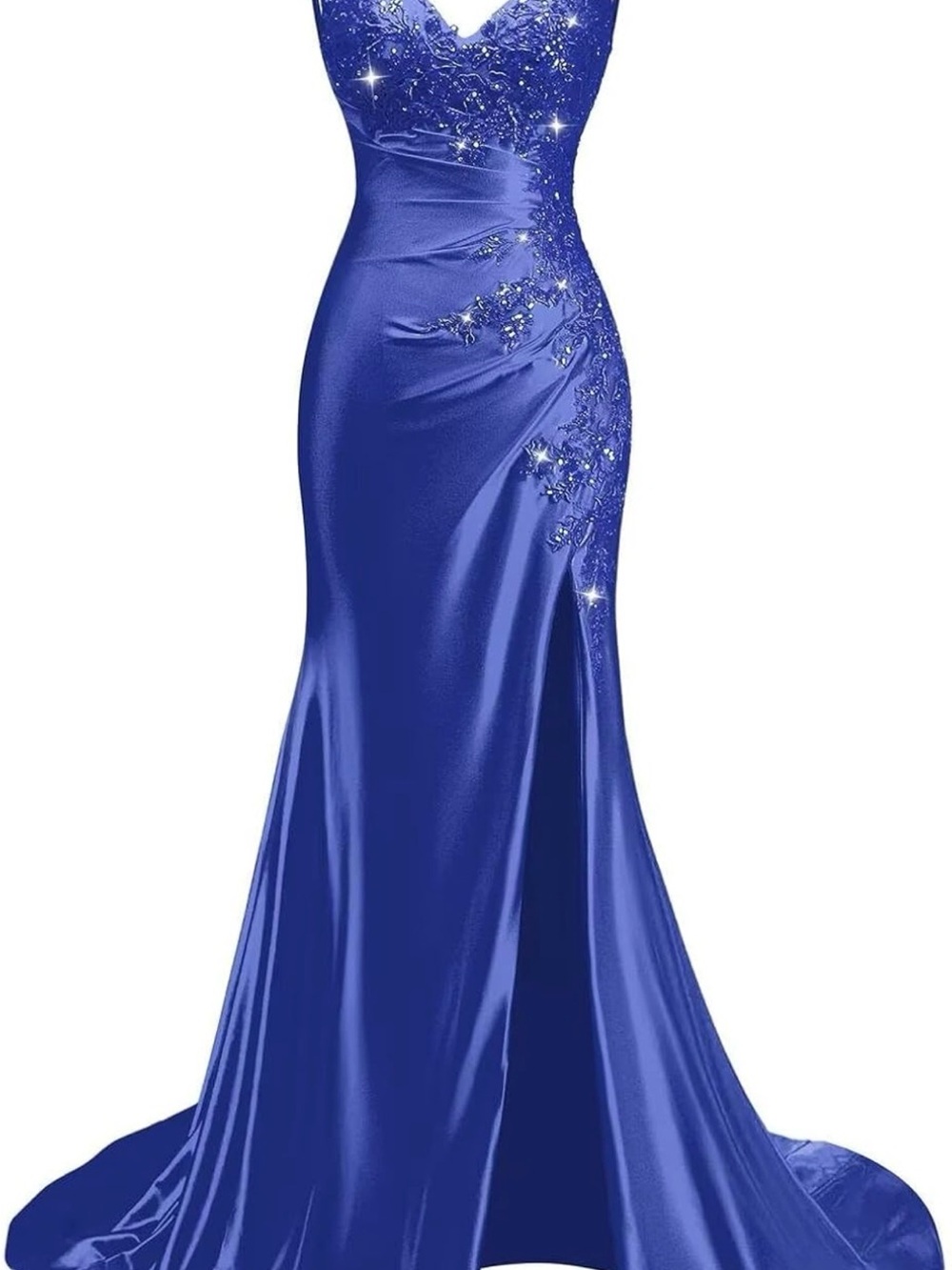 Satin Royal Blue V-Neck Prom Dress with Embellished Side